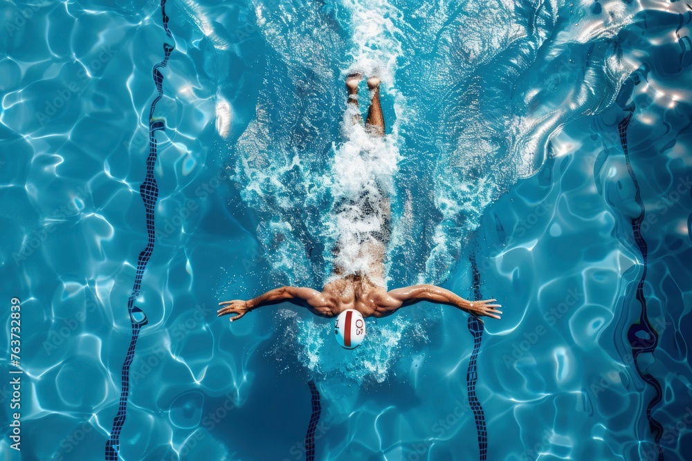 Aerial Top View Professional Swimming Athlete in action, aerobic swimmer