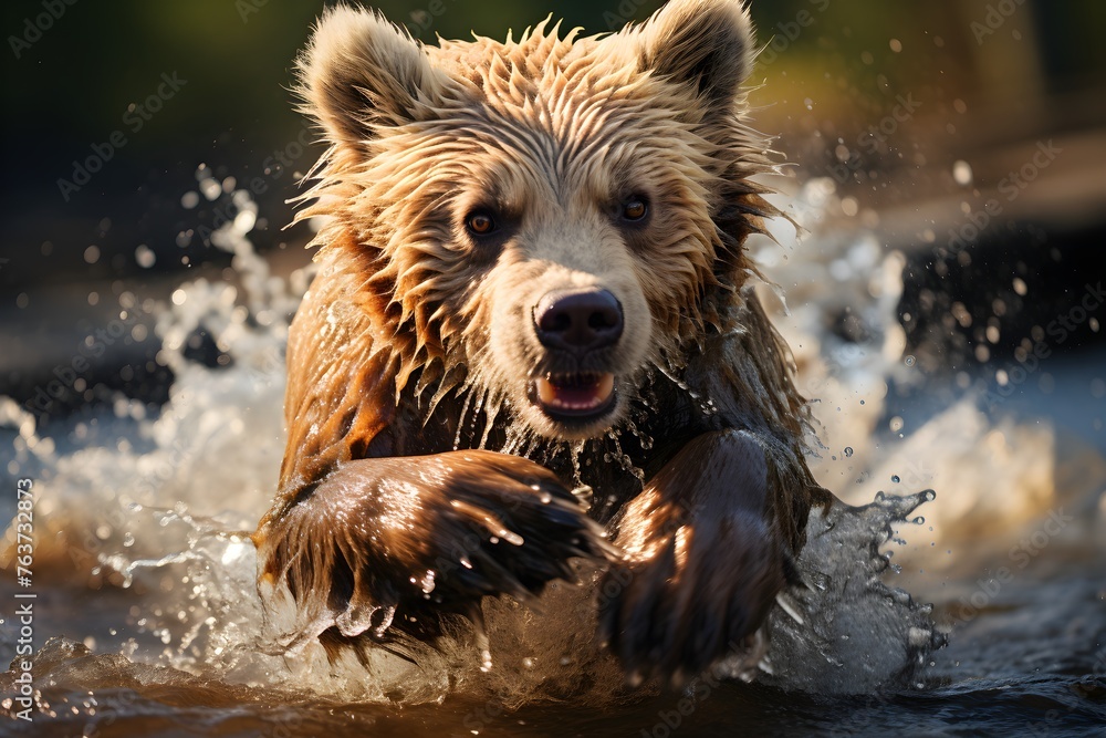 The young Kamchatka brown bear, Ursus arctos beringianus catches salmons at Kuril Lake in Kamchatka, running and playing in the water, action picture - obrazy, fototapety, plakaty 