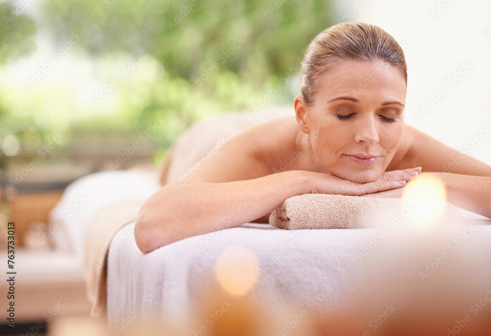 Woman, spa or relax as massage, therapy or luxury in self care, wellness and mental health. Salon, rest or glow on zen, beauty or bed as detox, balance or cosmetology at holistic retreat in Maldives