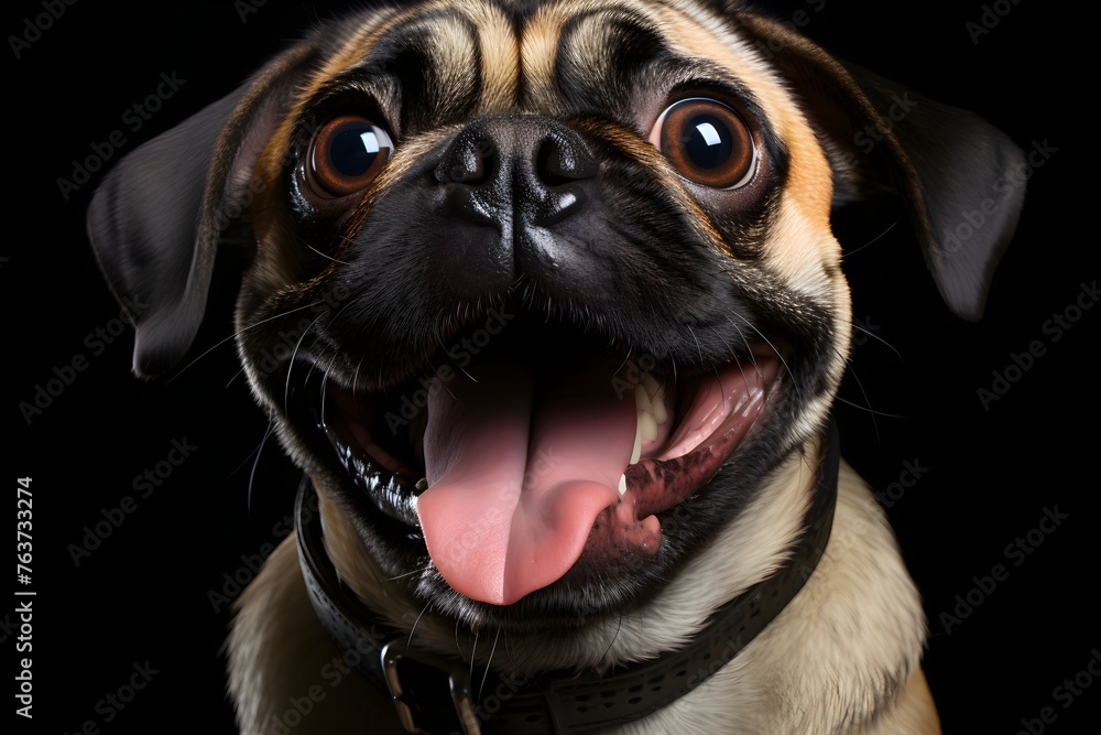 Excited pug with tongue out, black background
