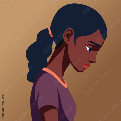 A sad dark-skinned woman, with a bowed head, pictured from the side.