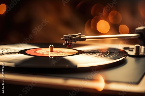 Closeup of the needle on an old record player, with the vinyl spinning in motion and a blurred background.