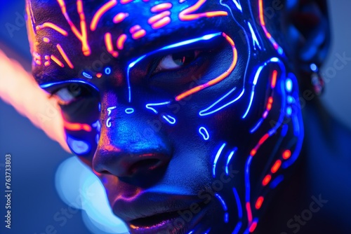 Close-up of a person with face illuminated by neon light patterns, concept of cyber identity and futuristic fashion
