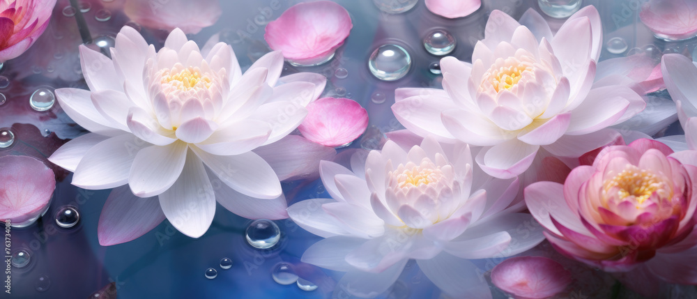 Blooming lotus flowers arranged in water bubbles and crystals in a beautiful collage style of white and pink gemstone zen art influence created with Generative AI Technology