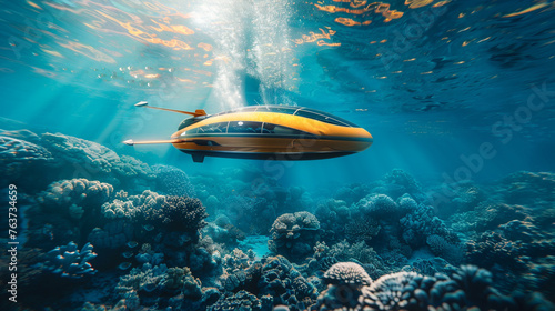 coral reef in the blue sea, The future of ocean exploration, envisioning advanced underwater drones, autonomous submarines, and sustainable marine conservation technologies photography photo