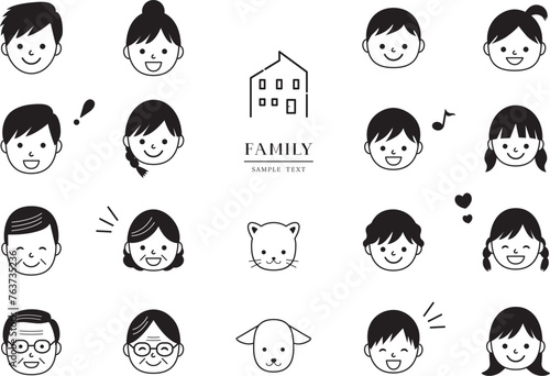 三世代の家族の顔　白黒アイコン素材セット / vector eps	