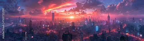 Cyberpunk skyline with holographic ads twilight