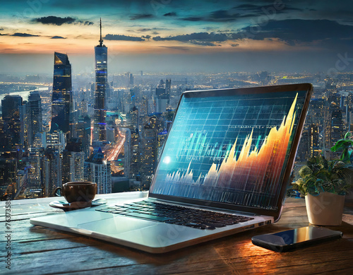 Financial chart on a laptop screen with the city at dusk in the background. In landscape format Generative AI