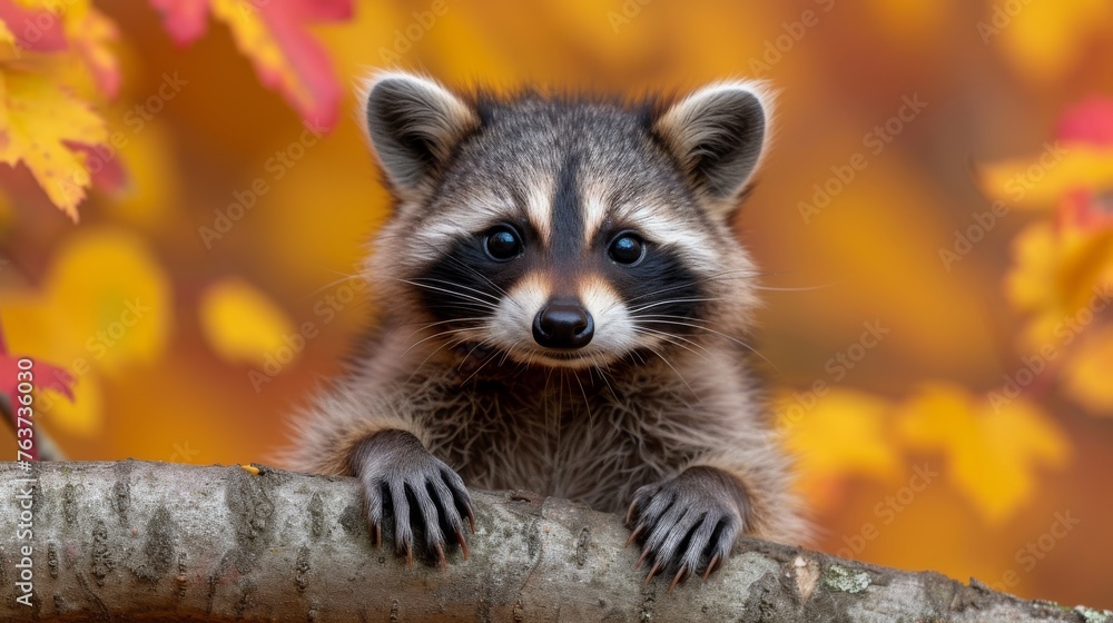  A raccoon atop a branch amidst autumn foliage