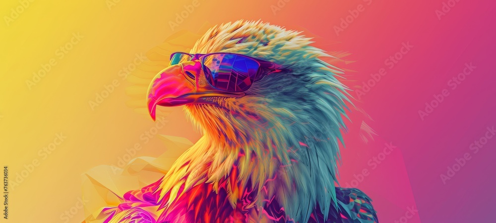  A bird wearing sunglasses in focus against a colorful backdrop..An image optimization could be reducing the resolution while maintaining clarity, or cropping to focus solely on the bird