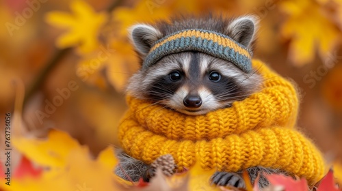  A raccoon in a knitted sweater and hat rests amidst fall foliage