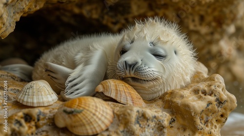  Baby seal on rock with seashells and starfish