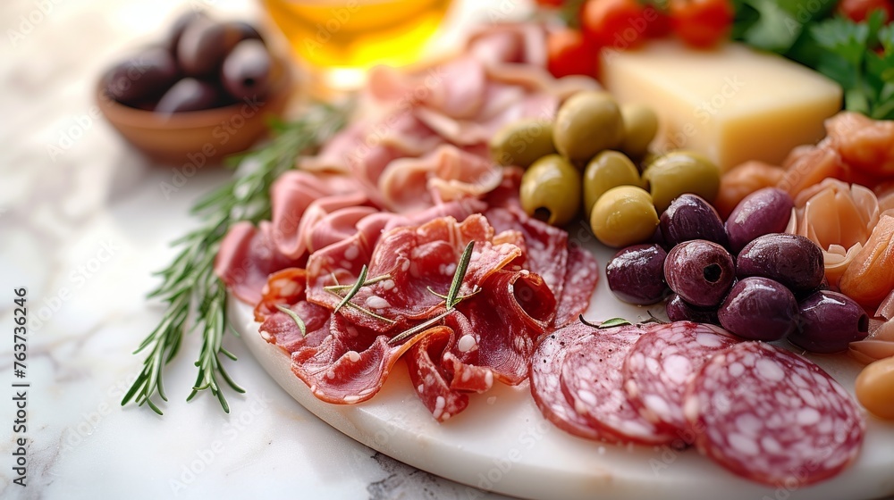  A platter of meats, cheeses, and olives with a glass of wine in the background