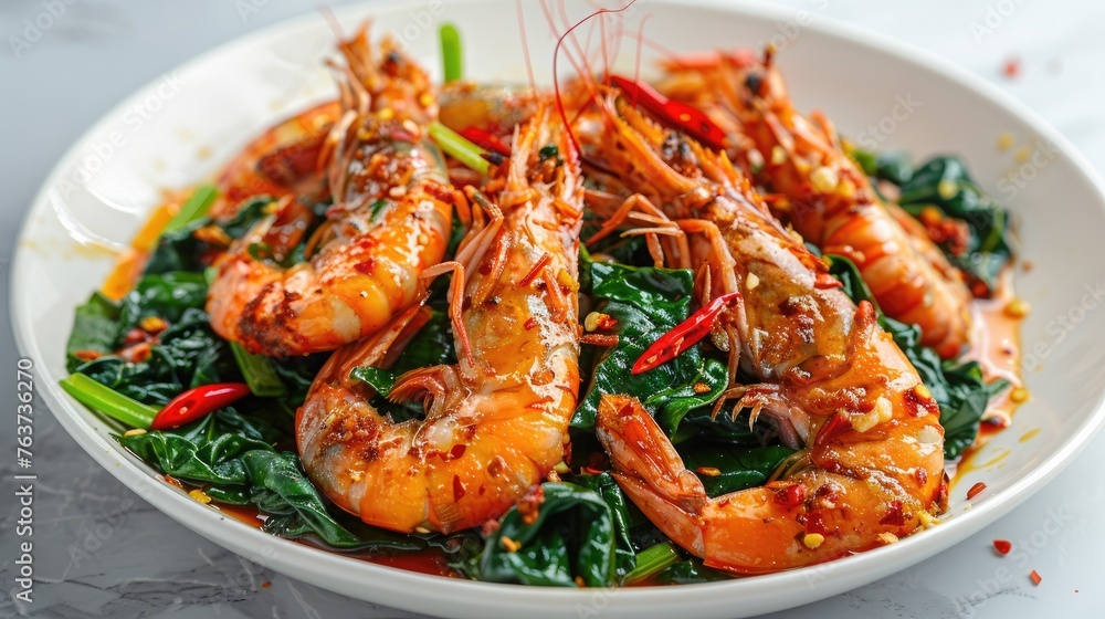 Fried prawns or shrimps with spinach, chili and garlic in white plate. Fried prawns or shrimps with spinach, chili and garlic in white plate.