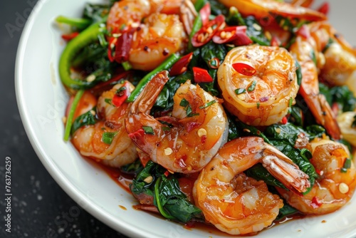 Fried prawns or shrimps with spinach, chili and garlic in white plate.