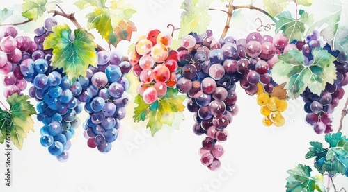 A colorful watercolor painting showing a close-up of a bunch of grapes hanging from a vine.