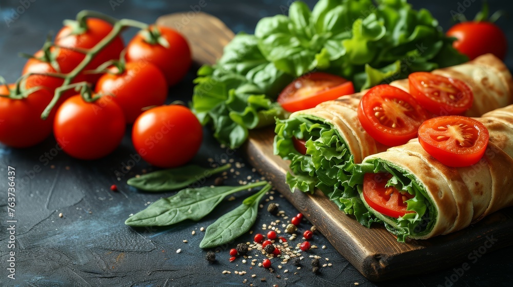  A cutting board made of wood, topped with fresh veggie wrap containing lettuce, tomatoes & more