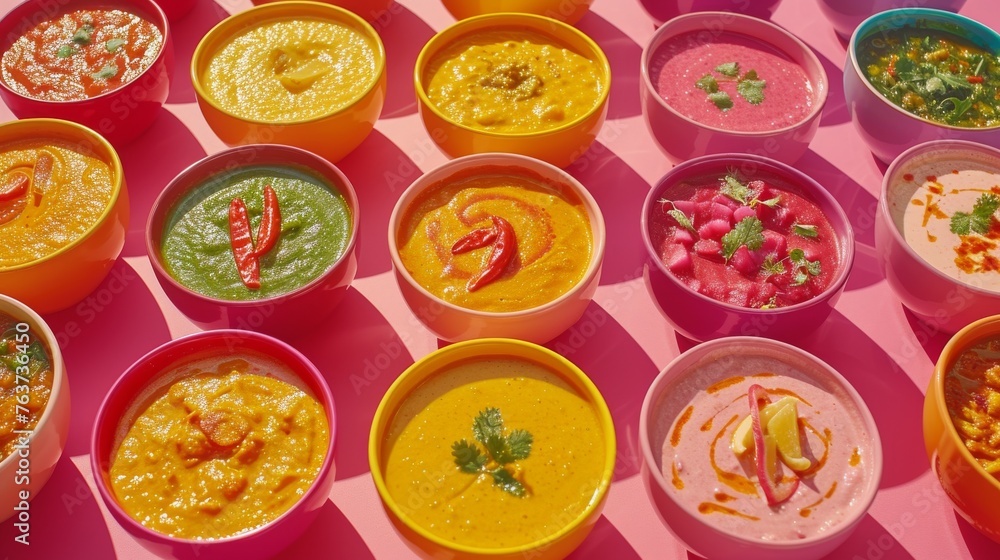 A table with bowls of various foods on a pink surface A table with bowls of various foods on a pink surface