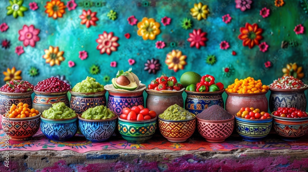  A colorful tablecloth adorned with an array of fruit and vegetable-filled bowls