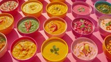  A table with bowls of various foods on a pink surface