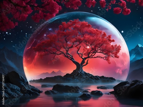 inside a water drop, there is vibrant colours, volumetric light the ethereal beauty of a mystical landscape under the red moonlight. The scene is illuminated by a large, radiant moon Generative AI