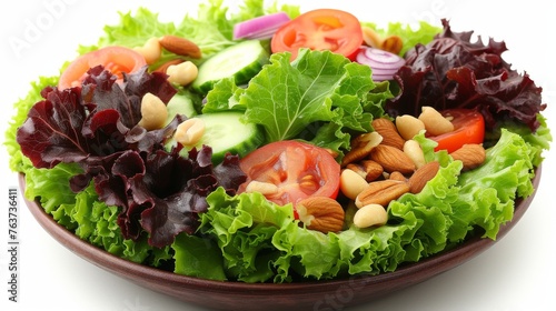  A salad with lettuce, tomatoes, cucumbers, almonds, and lettuce leaves