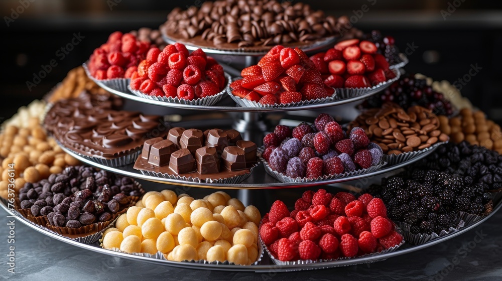  A silver platter holds a tray of chocolates, raspberries, and assorted desserts