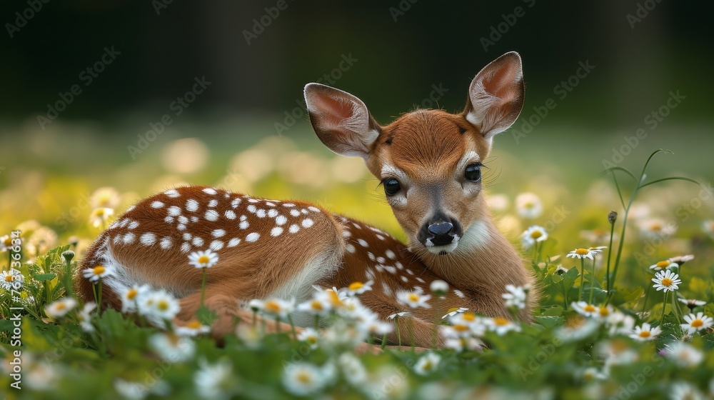 A clear young deer in a field of daisies, with daisies in the foreground and a soft background of daisies A clear young deer in a field of daisies, with daisies in the foreground and a soft background of daisies