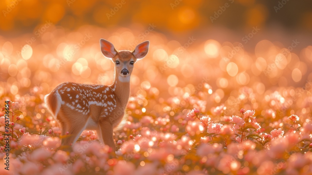 A small deer stands in a field of flowers, illuminated by the sun behind it, while its back remains blurred due to the pink flowery background A small deer stands in a field of flowers, illuminated by the sun behind it, while its back remains blurred due to the pink flowery background