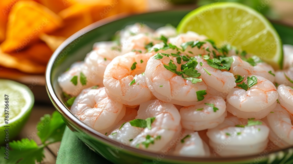A bowl of shrimp, topped with cilantro and lime wedges, next to a lime wedge A bowl of shrimp, topped with cilantro and lime wedges, next to a lime wedge
