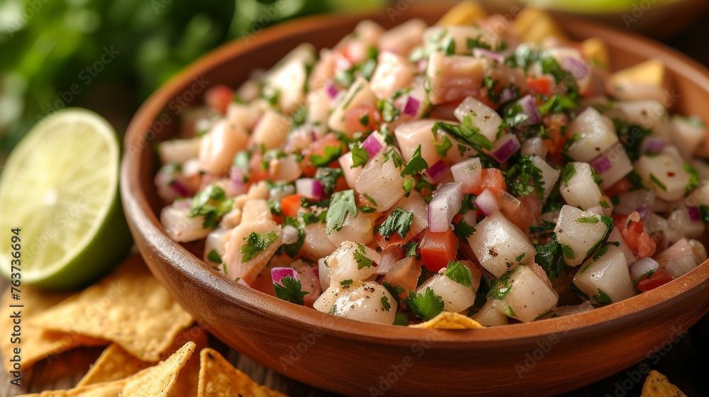 A wooden bowl brimming with a refreshing salad rests beside crunchy tortilla chips and zesty lime wedges on a rustic wooden table A wooden bowl brimming with a refreshing salad rests beside crunchy tortilla chips and zesty lime wedges on a rustic wooden table