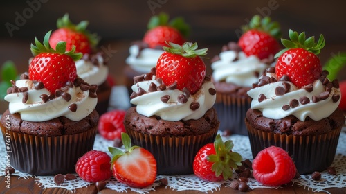  Chocolate cupcakes topped with whipped cream, chocolate chips, and strawberries on a white doily A wooden table serves as the backdrop