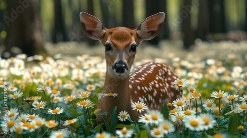  A deer stands amidst a sea of daisies, surrounded by towering trees