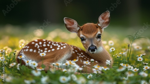  A clear young deer in a field of daisies, with daisies in the foreground and a soft background of daisies
