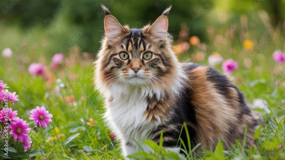 Calico maine coon cat in flower field