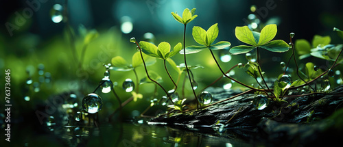 close-up green plant with dew drops with natural forest bokeh blurred view created with Generative AI Technology