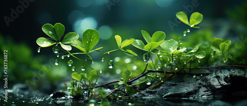 close-up green plant with dew drops with natural forest bokeh blurred view created with Generative AI Technology photo