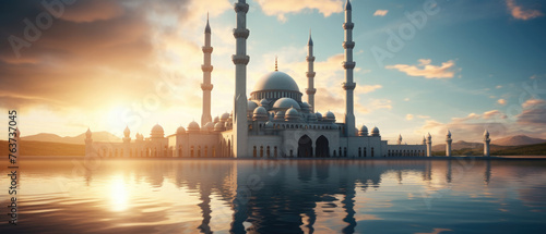Big white Islamic mosque building with golden sunlight created with Generative AI Technology photo