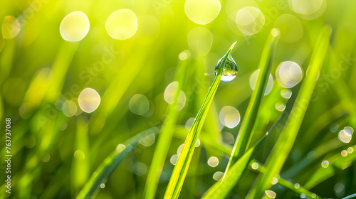 A single drop of water is delicately perched on top of a slender blade of grass, reflecting the surrounding light