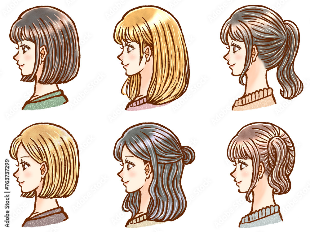 様々な髪型の大人女性の横顔イラスト素材3