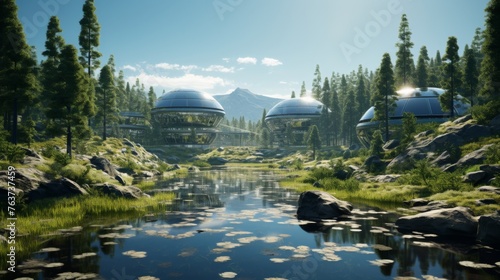 Futuristic domed city in a lush forest © Emiliia