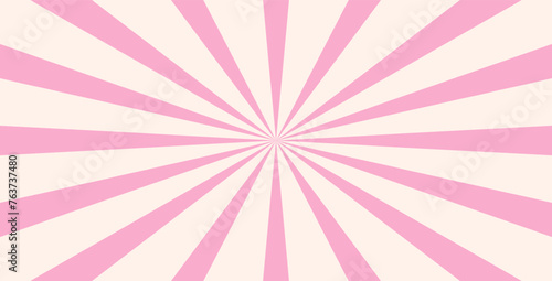 Old groovy background. Hippie backdrop with curved stripes. Y2k aesthetic. Retro psychedelic vector illustration. Abstract pattern with rays. Twisted design in pink colors.