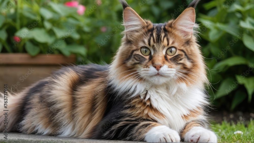 Fototapeta premium Calico maine coon cat in the garden