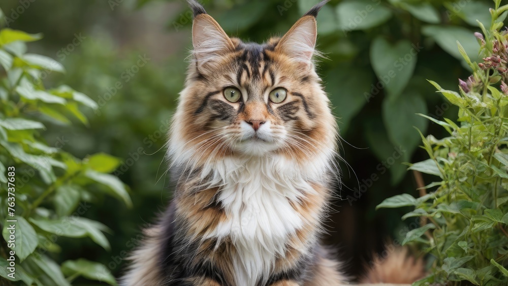 Calico maine coon cat in the garden