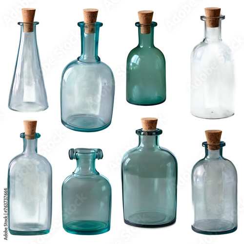 Collection of vintage glass bottles with cork stoppers, isolated on transparent background Transparent Background Images