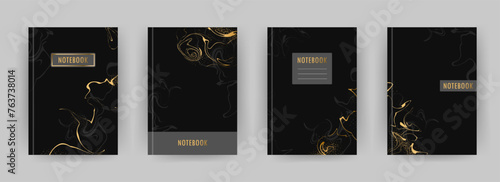 Cover page notebook collection. Templates with golden liquid texture. Perfect for diary, books, magazines, journals, catalogs, planners and flyers. Vector layouts. Minimalist style.