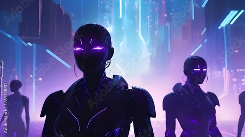  silhouette of robots against a backdrop of flashing blue and purple lights and sparks, neon background , ai , artificial intelligence , robots © Chroma Couture