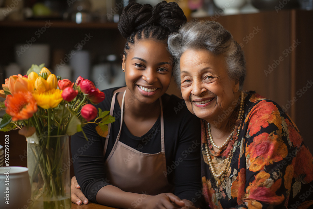Happy mother and daughter having fun with flowers. African american adult female with child celebrating mother's day.