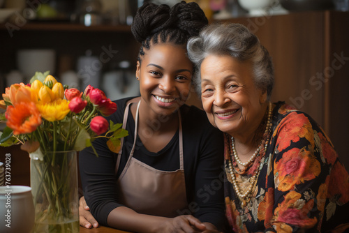 Obraz na płótnie Happy mother and daughter having fun with flowers. African american adult female with child celebrating mother's day. w salonie