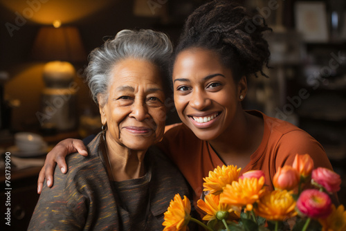 Happy mother and daughter having fun with flowers. African american adult female with child celebrating mother's day.